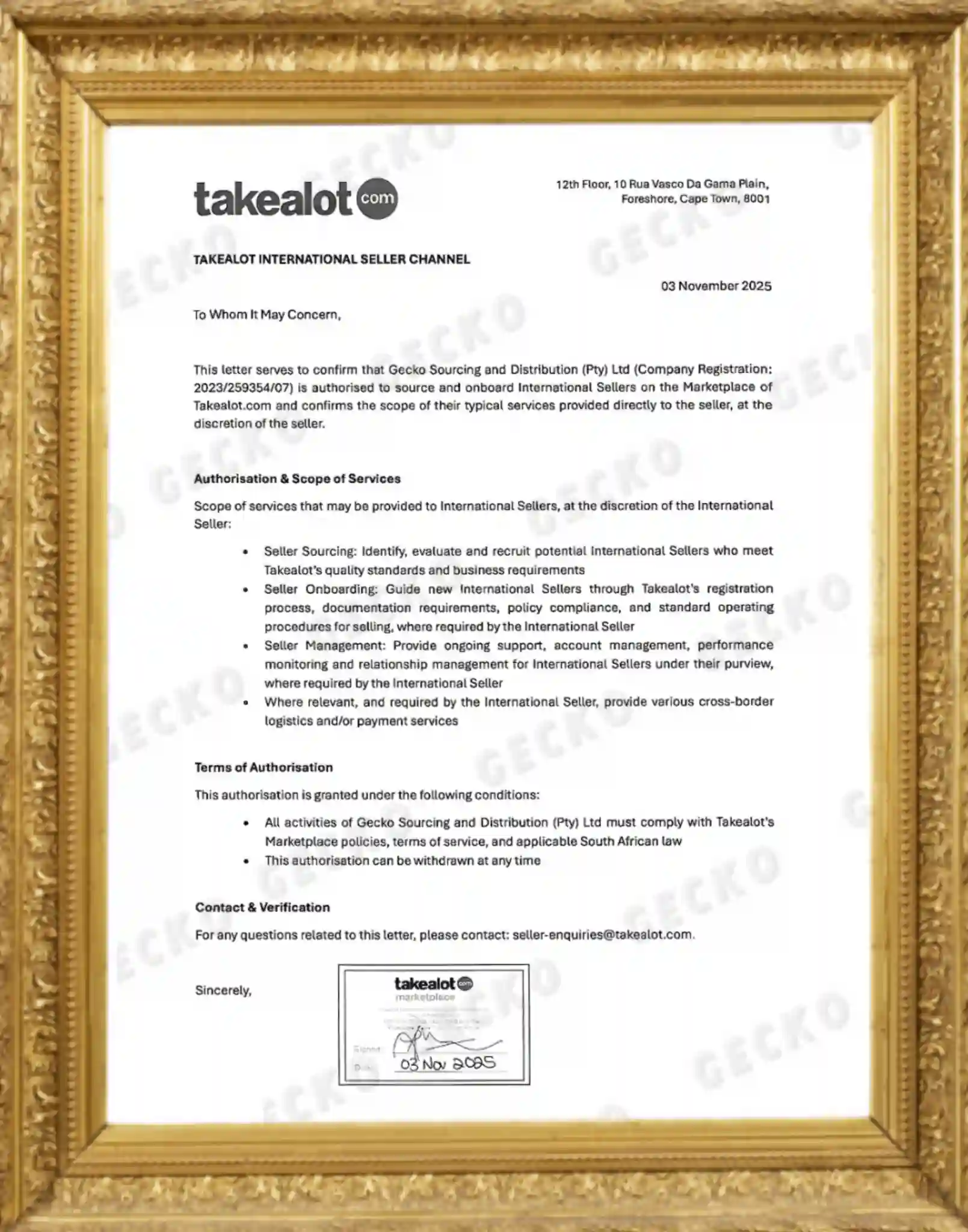Takealot international seller authorization certificate